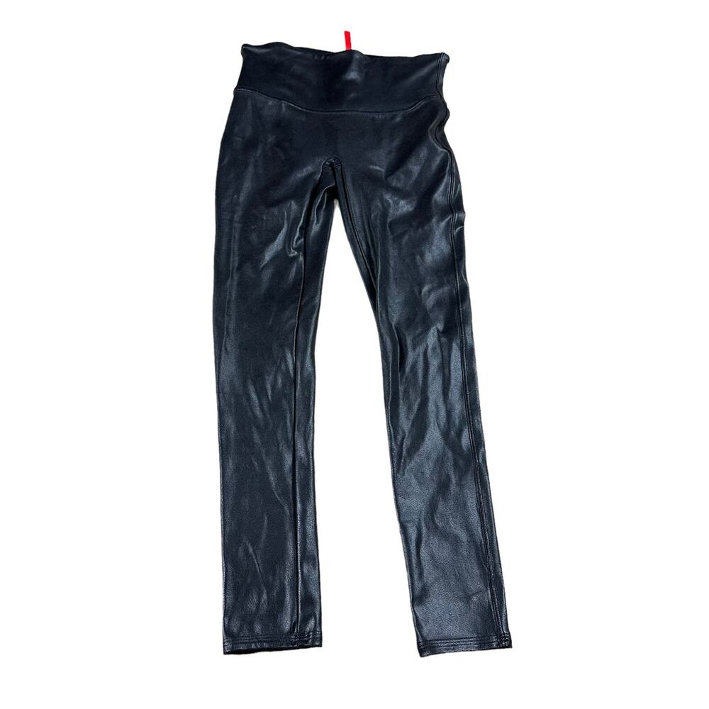 SPANX Black Faux Leather Leggings Slimming Casual Classy Women's Medium Petite‎